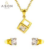 ASON 316L Stainless Steel Gold Bridal Wedding African Jewelry Set for Women 2019 Square Necklace Pendant Small Stud Earring