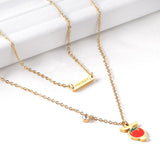 ASON Tomato Pendant Multi Layer Necklace Gold Color Stainless Steel Chain with Cubic Zirconia for Women Girl Fashion Gift