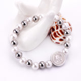 ASON Pulseras Ball Beaded Bracelets With Imitation Pearl Gold Color Stainless Steel Round Jesu Pendants Women Bangle