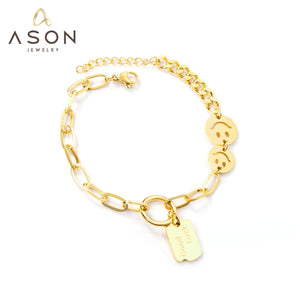 ASON Fashion 316L Stainless Steel Smiley Face Charm Bracelet with Good Lucky Pendant Bangle for Women Jewelry