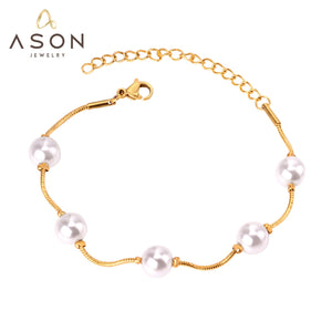 ASON Adjustable Imitation Pearl Chain Bracelets Bangles for Women Gold Color Stainless Steel Extender Fashion Jewelry Gift