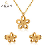 ASON Frosted Flower Chain Pendant Necklace Piercing Earrings Gold Color Stainless Steel for Women Jewelry Sets Fashion