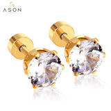 ASON Stainless Steel Round Cubic Zirconia Piercing Stud Earrings Women Girl Gold Color Earring Fashion Jewelry Party Gift