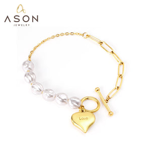 ASON-pulsera de acero inoxidable con perlas de imitación para mujer y niña, abalorio de corazón de Color dorado, accesorios de regalo de fiesta, joyería 