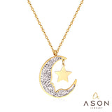 ASON Moon and Star Cubic Zirconia Pendant Necklace Gold Color Stainless Steel Chain for Women Girl Gift Jewelry Accessories