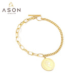 ASON pulsera de Color dorado/oro rosa, brazalete de media cadena de acero inoxidable con dije de moneda para mujer, accesorios de joyería de moda 