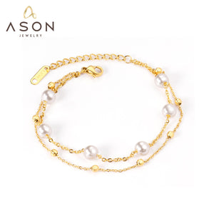 ASON-pulsera de acero inoxidable 316L con perla de imitación y bola de acero Color dorado para mujer, brazalete con extensor, joyería de moda 