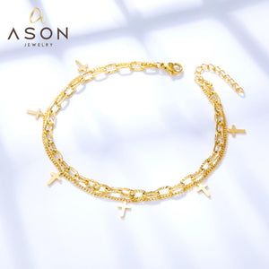 ASON Cross – accessoires chaînes à maillons multicouches, bracelet de cheville couleur or en acier inoxydable pour femmes, bijoux cadeaux de fête quotidiens