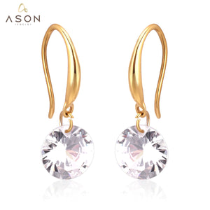 ASON Round Cubic Zirconia Piercing Drop Earrings for Women/Girl Stainless Steel Gold Color Wedding Fashion Jewelry Gift