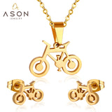 ASON conjuntos de joyas de Color dorado de acero inoxidable 316L para mujeres y hombres, collar con colgante en forma de bicicleta, pendientes pequeños para mujer 