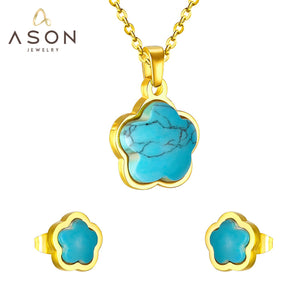 ASON 316L Stainless Steel Gold Bridal Wedding Jewelry Sets For Women Flower Shape Necklace Pendant Small Stud Earring