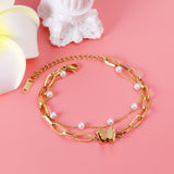 ASON Gold Color Butterfly Charm Imitation Pearl Chain Bracelet Stainless Steel Bangle for Women Fashion Jewelry Party Gift