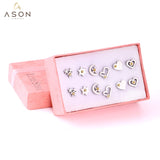 ASON 6pairs/Box Star/Heart Shape with Ball Small Piercing Stud Earring Stainless Steel Silver Color Earrings Set For Women