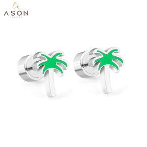 ASON mignon boucles d'oreilles pour enfants couleur argent en acier inoxydable cocotier dessin animé clous d'oreille pour fille bijoux cadeau 