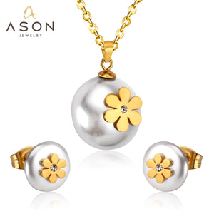 ASON Imitation Pearl Gold Bridal Wedding Jewelry Set for Women 316L Stainless Steel Necklace Pendant Small Stud Earring