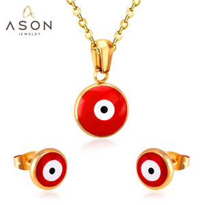 ASON – ensemble de bijoux en or pour femmes, accessoires en acier inoxydable, couleur rouge, pendentif oeil, collier, boucles d'oreilles, bijoux à la mode, cadeau de fête 