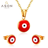 ASON Gold Jewelry Sets Women Accessories Stainless Steel Red Color Eye Pendant Necklace Earring Fashion Jewelry Party Gift