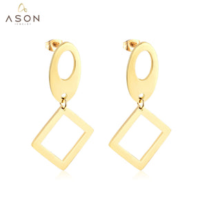 ASON Classic Gold Color Square Pendant Dangle Piercing Earrings Stainless Steel Drop Earring for Women Accessories Jewelry