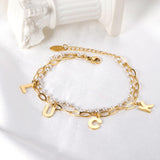 ASON Gold Color Luck Pendant Bracelet Stainless Steel Double Layer Imitation Pearl Bangle for Women Fashion Jewelry Gift