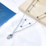 New Hamsa Hand Pendant Necklace For Women Girls Stainless Steel Blue Evil Eyes Double Layer Chain Turkish Luck Jewelry