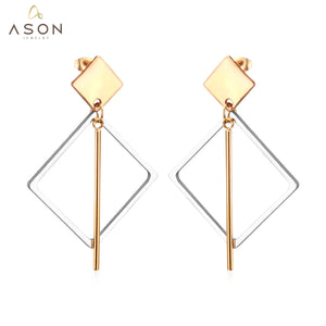 ASON New Classic Style Gold Color Square Dangle Earrings Stainless Steel Unique Long Tube Pendants Earrings for Girl