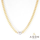 ASON Unusual Leaves Chain with Imitation Pearl Pendant Stainless Steel Choker for Women Fashion Jewelry Gift Accessories