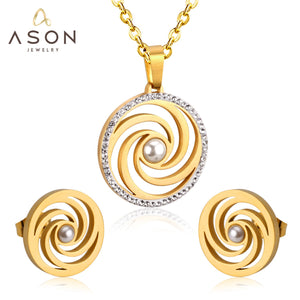 ASON Clay Cubic Zirconia Pendant Wedding Jewelry Set for Women 316L Stainless Steel Necklace Pendants Small Stud Earring