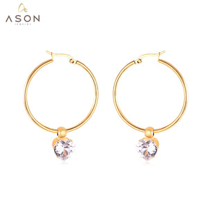 ASON Round Ear Hoop Earring With Cubic Zirconia Classic Style 2022 Stainless Steel Circle Earring Fashion Jewelry Party