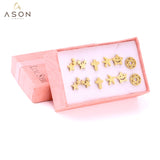 ASON 6pairs/Box Cute Baby Cross/Smile/Star/Round Piercing Stud Earrings Set Gold Color Accessories  Stainless Steel Jewelry