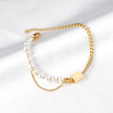 ASON Fashion Imitation Pearl Link Bracelets Stainless Steel Tree Charm Bangles for Women with 3cm Extender Jewelry Gift