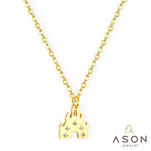 ASON Gold Color Lovely Castle Pendant Necklace with Cubic Zirconia Stainless Steel Choker for Women Men Fashion Jewelry