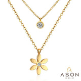 ASON Flower Round Cubic Zironia Choker Multi-layer Chains Pendant Necklace Stainless Steel Gold Color Fashion Jewelry Daily