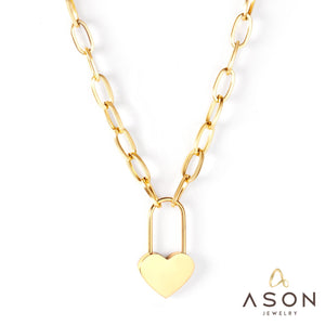 ASON Lock of Heart Pendant Necklace Stainless Steel Big Chain Necklace for Women Men Lover's Fashion Jewelry Accessories