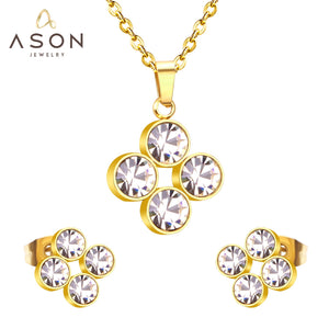 ASON 316L Stainless Steel Zircon Gold Bridal Wedding Jewelry Sets for Women 2019 Flower Necklace Pendant Small Stud Earring