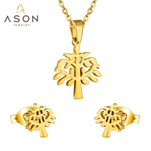 ASON Top 316L acier inoxydable couleur or ensembles de bijoux pour femmes 2019 plante pendentif collier petites boucles d'oreilles pour Femme 