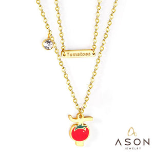 ASON Tomato Pendant Multi Layer Necklace Gold Color Stainless Steel Chain with Cubic Zirconia for Women Girl Fashion Gift