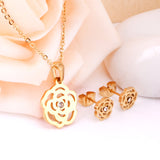 ASON Romantic Flower Shape Pendants Chain Necklace Piercing Stud Earrings Jewelry Sets Stainless Steel Gold Color For Women