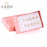 ASON 6pairs/Box Round Square Cubic Zirconia Pearl Stud Earrings Sets Gold Color Stainless Steel For Women Jewelry Piercing