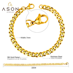 ASON Fashion Gold Color 7mm Stainless Steel Link Cuban Chain Bracelets Bangle for Men Women Party Gift Wholesale Jewelry