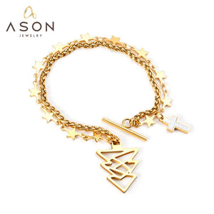 ASON Gold Color Star with Cross Charm Bracelets Stainless Steel Tree Pendant Link Bangles for Women Christmas Gift Jewelry