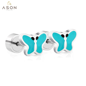 ASON 316L Stainless Steel Silver Color Lovely Butterfly Press Stud Earrings for Women/Girl/Kids Party Gift Fashion Jewelry