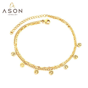 ASON, accesorios de árbol huecos redondos a la moda, tobillera de cadena multicapa de acero inoxidable de Color dorado para mujer, joyería de moda