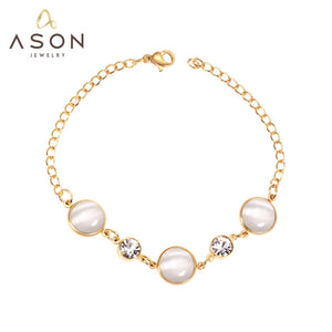 ASON Trendy Style Opals Shape With Cubic Zirconia Bracelets for Women Gold Stainless Steel 20cm Link Chain Bracelets