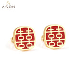 ASON Fashion Chinese Characters Stud Earrings Gold Color 316L Stainless Steel Lucky Word Earrings Women Wedding Jewelry