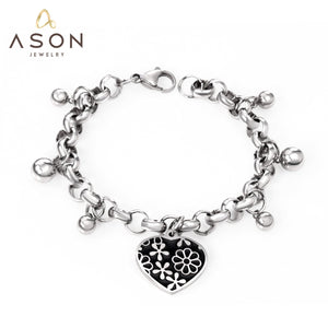 ASON Silver Color 316L Stainless Steel Bangle Heart Pendant Bracelet with Steel Ball Charm for Women Jewelry Party Gift