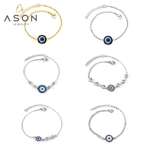 ASON Color oro Acero inoxidable Ojo Azul Zirconia cúbica pulseras de cadena antialérgicas brazalete para Mujeres Hombres joyería de moda 