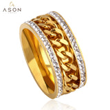 ASON Gold Color Chain Ring with Cubic Zirconia 316L Stainless Steel Jewelry for Women/Men Girl Party Gift