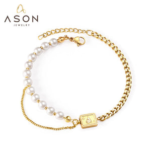 ASON Fashion Imitation Pearl Link Bracelets Stainless Steel Tree Charm Bangles for Women with 3cm Extender Jewelry Gift