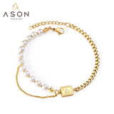 ASON Fashion Imitation Pearl Link Bracelets Stainless Steel Tree Charm Bangles for Women with 3cm Extender Jewelry Gift