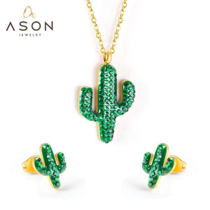 ASON Gold Color Stainless Steel Cactus Necklace and Earrings Jewelry Set with Green Rhinestone for Women Accessory Jewelry